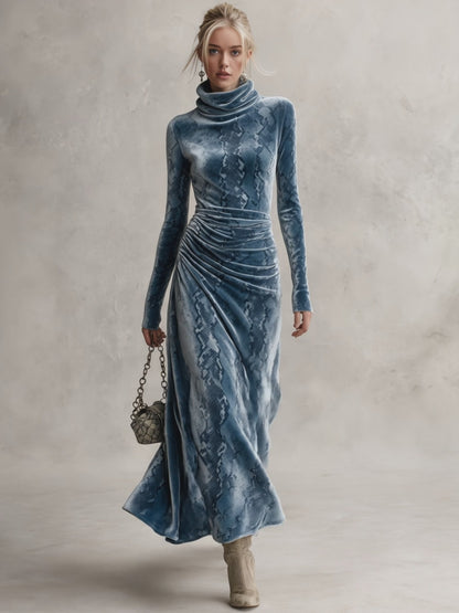 Retro Elegant Blue Snake-Print Turtleneck Ruched Velvet Maxi Dress