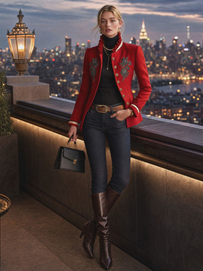 Ruffled Stand-up Collar Single-breasted Rose Embroidered Jacket
