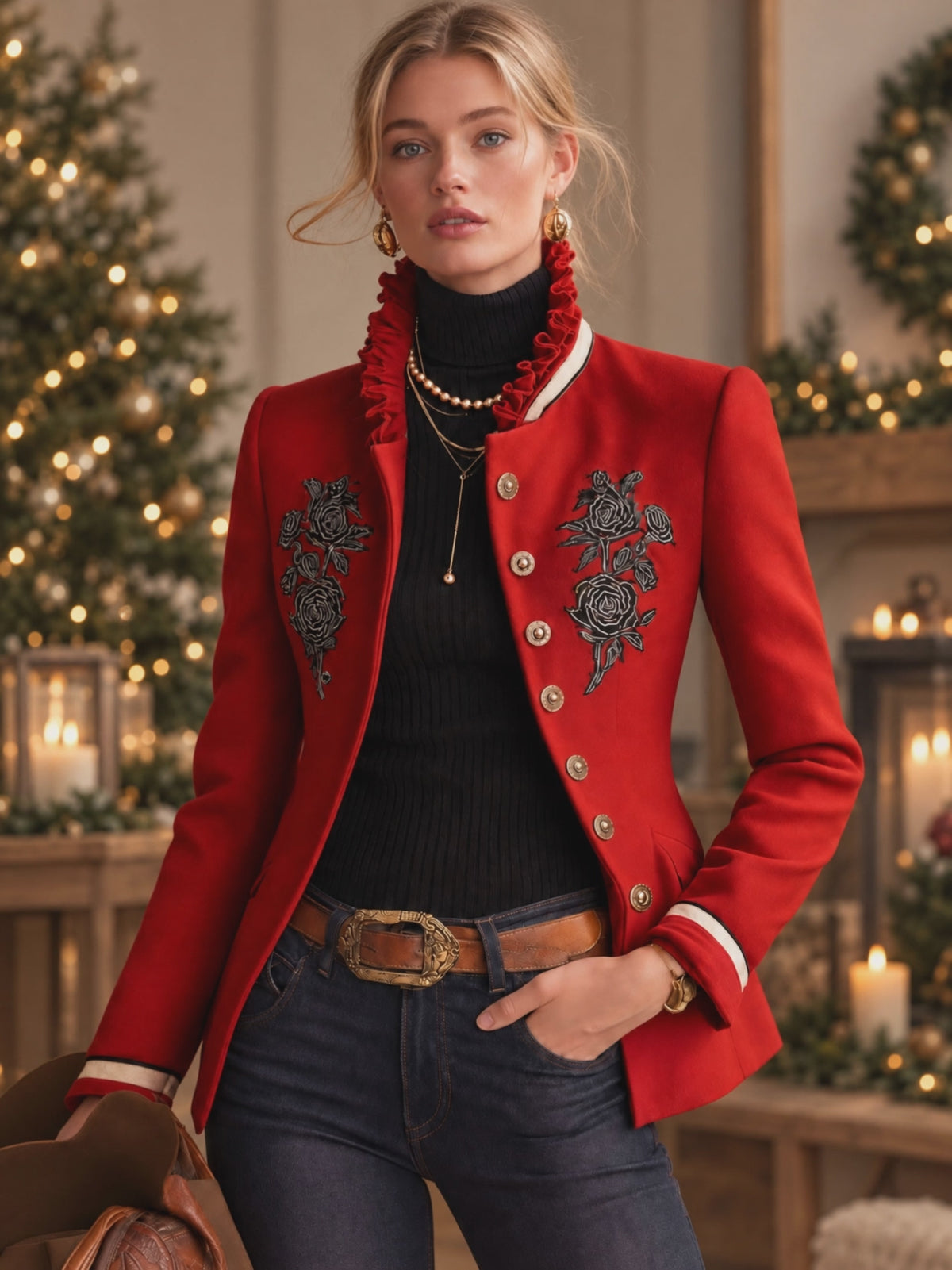 Ruffled Stand-up Collar Single-breasted Rose Embroidered Jacket
