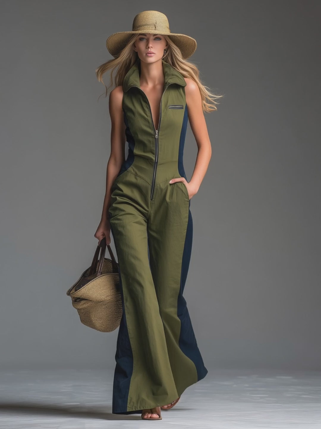 Retro Casual Stand-up Collar Zipper Sleeveless Jumpsuit