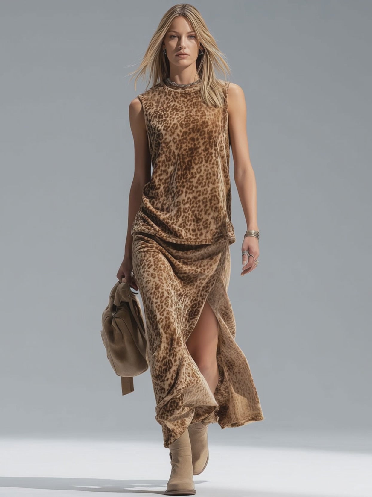 Leopard Print Crew Neck Sleeveless Vest And Split-hem Velvet Skirt Set