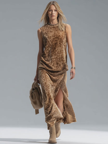 Leopard Print Crew Neck Sleeveless Vest And Split-hem Velvet Skirt Set