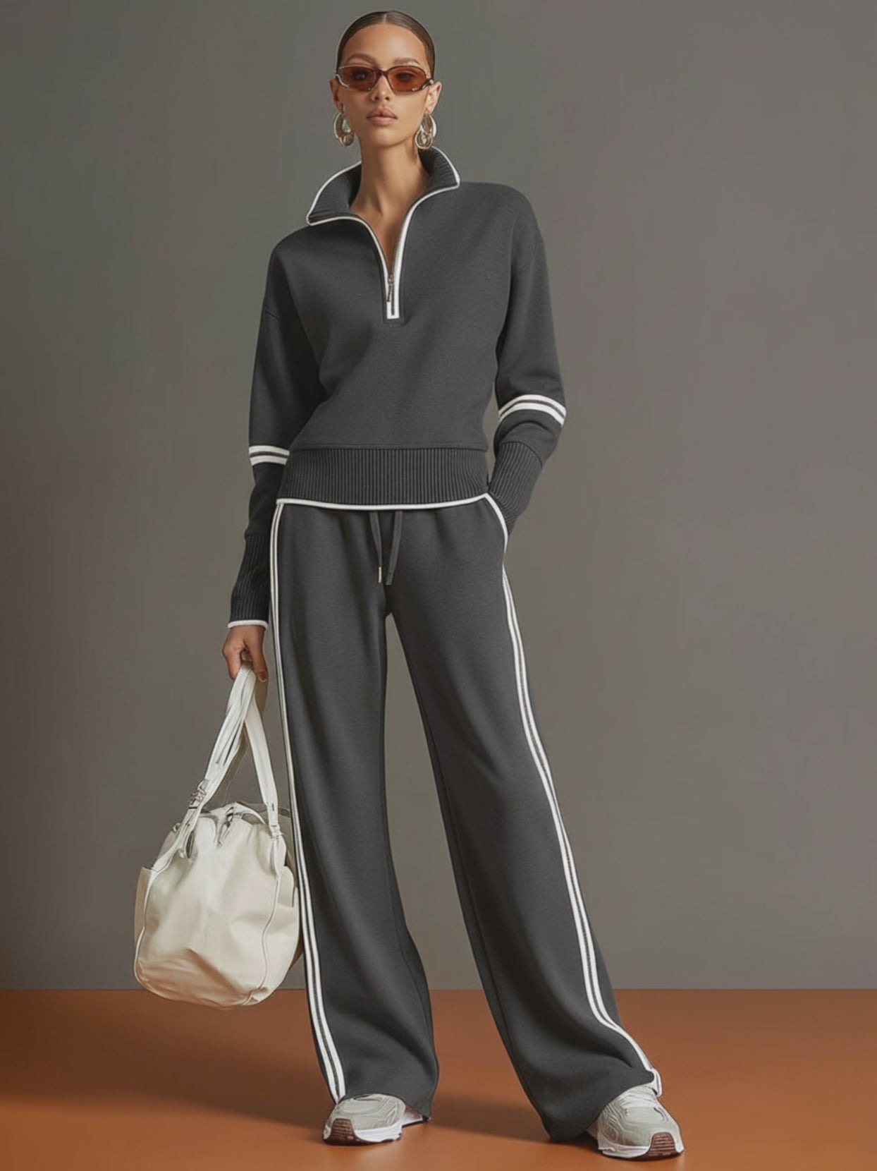 Retro Sporty Webbing Grey-white Half-zip Sweatshirt And Wide-leg Pants Set