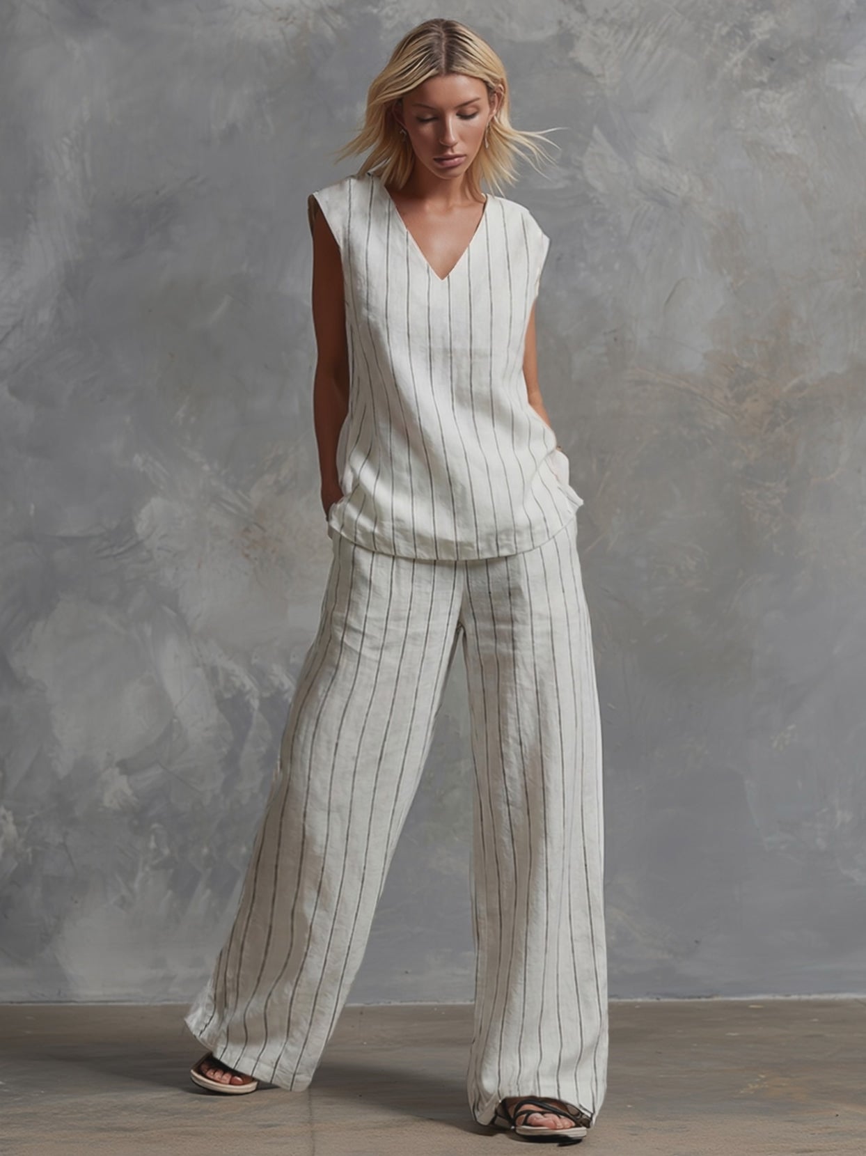 Classic Striped White Cotton Sleeveless Top And Wide-leg Pants Set