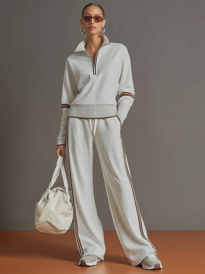 Retro Sporty Webbing Grey-white Half-zip Sweatshirt And Wide-leg Pants Set