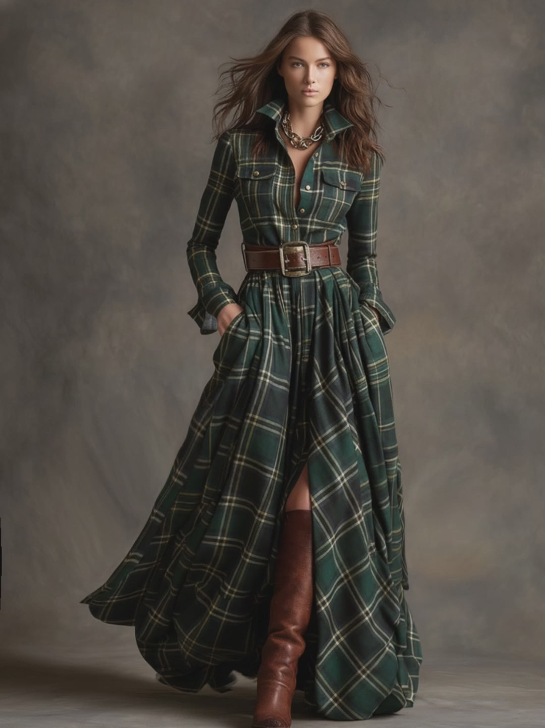 Retro Ethnic Style Lapel Reddish Brown Plaid Maxi Dress