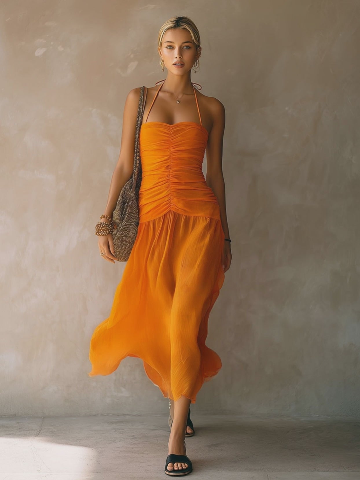 Retro-elegant Orange Halter Neck Sleeveless Pleated Chiffon Midi Dress