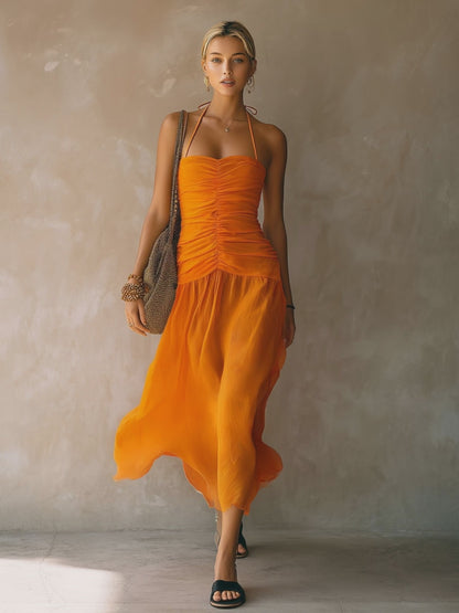 Retro-elegant Orange Halter Neck Sleeveless Pleated Chiffon Midi Dress