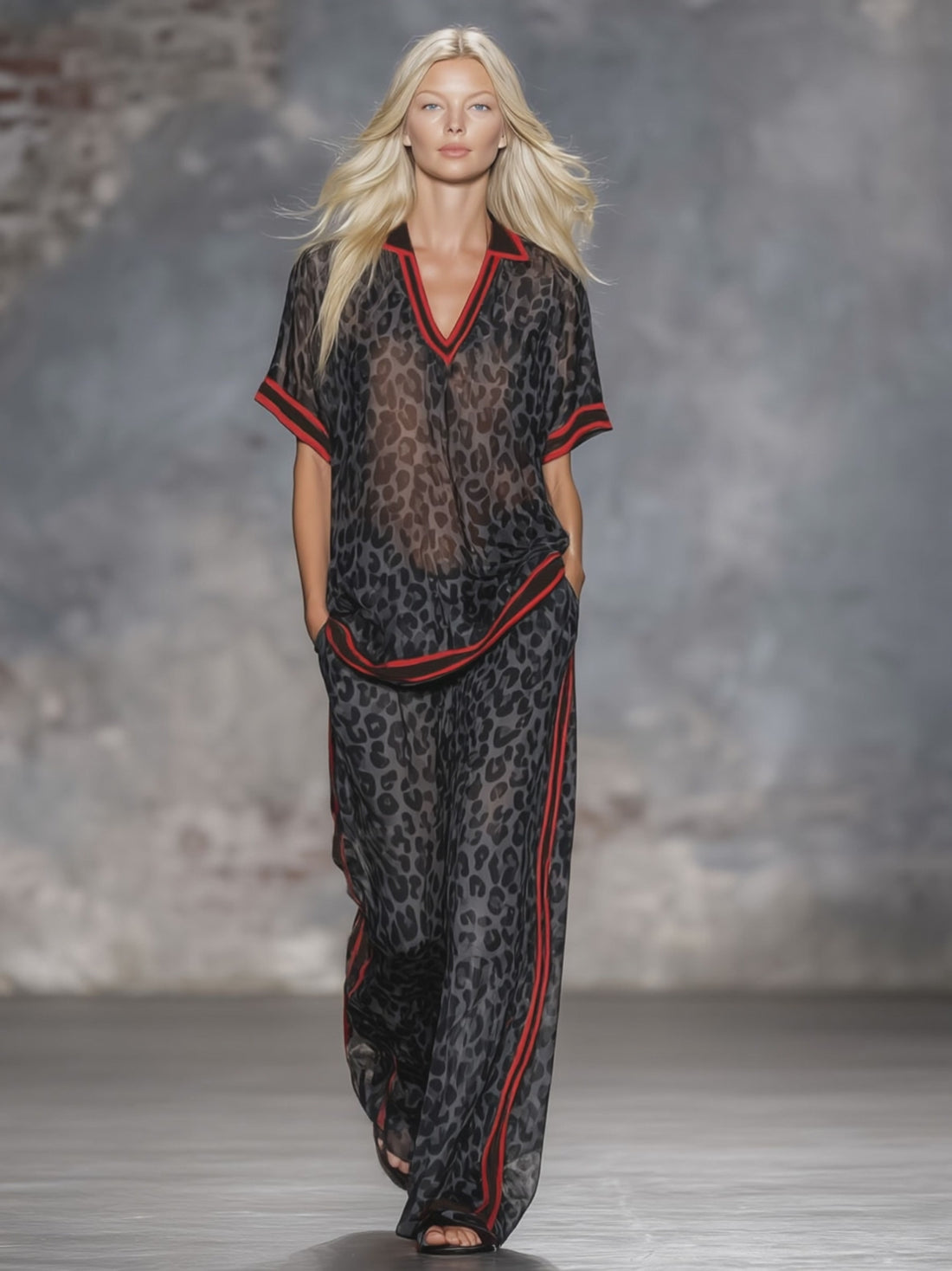 Leopard Print Chiffon Short-sleeved Top And Trousers Set