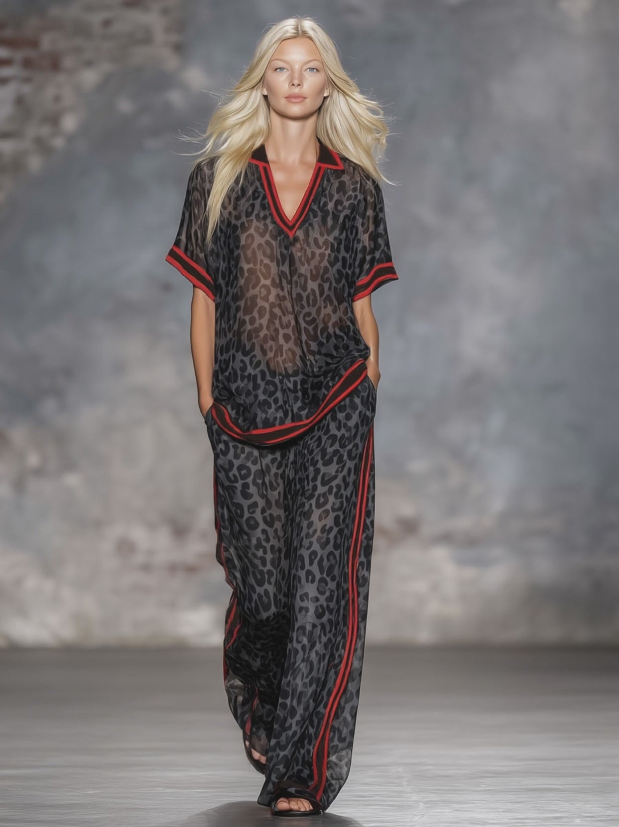 Leopard Print Chiffon Short-sleeved Top And Trousers Set