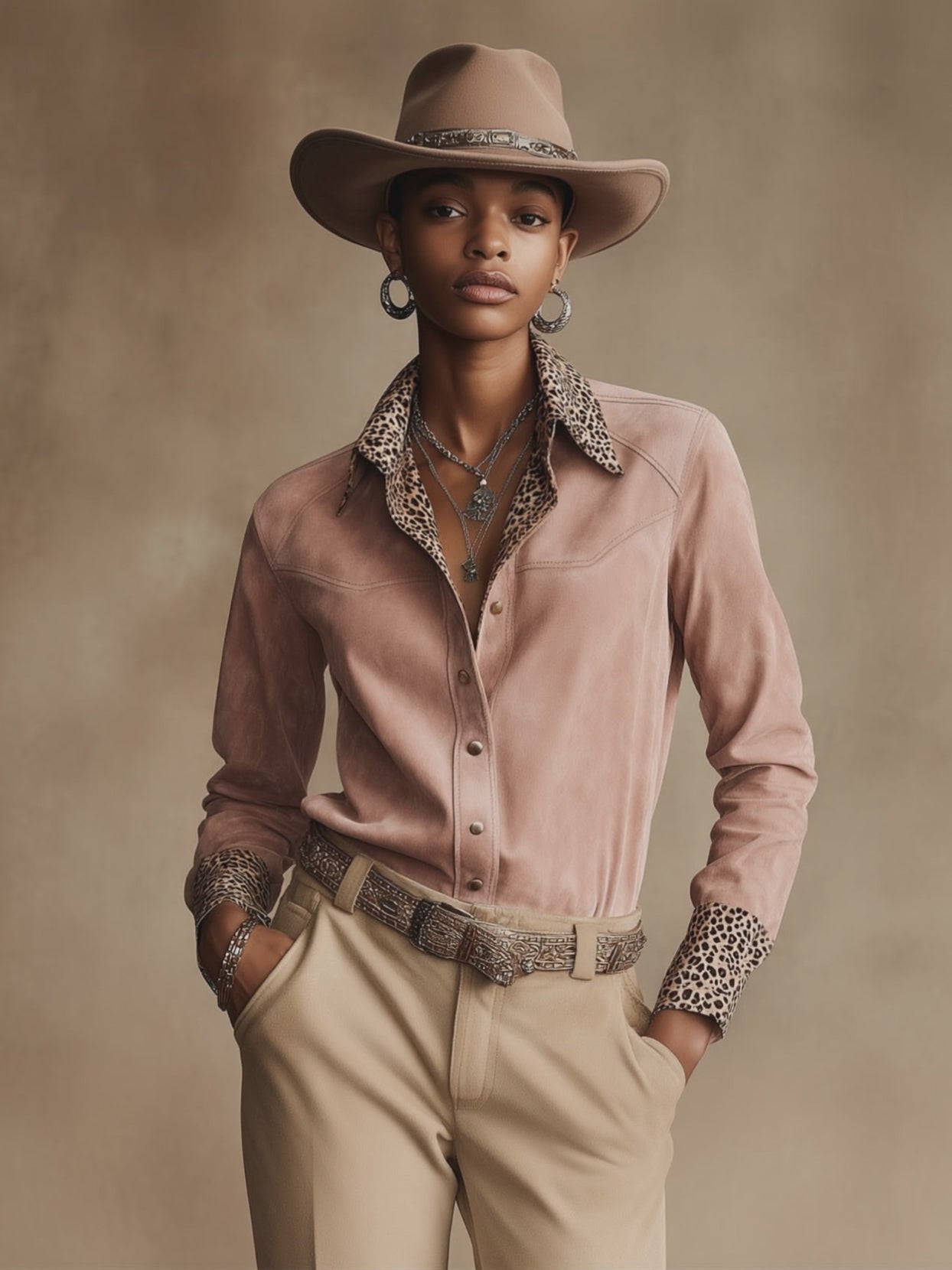 Western Retro Leopard Print Pink Faux Suede Long-Sleeve Shirt