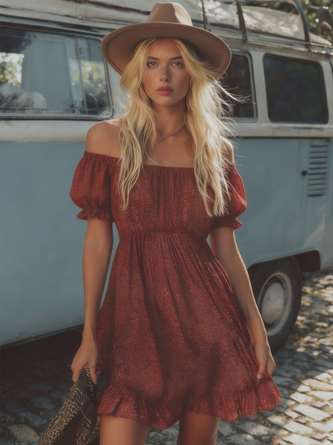 Retro Textured Printed Off-shoulder Short-sleeved Chiffon Mini Dress