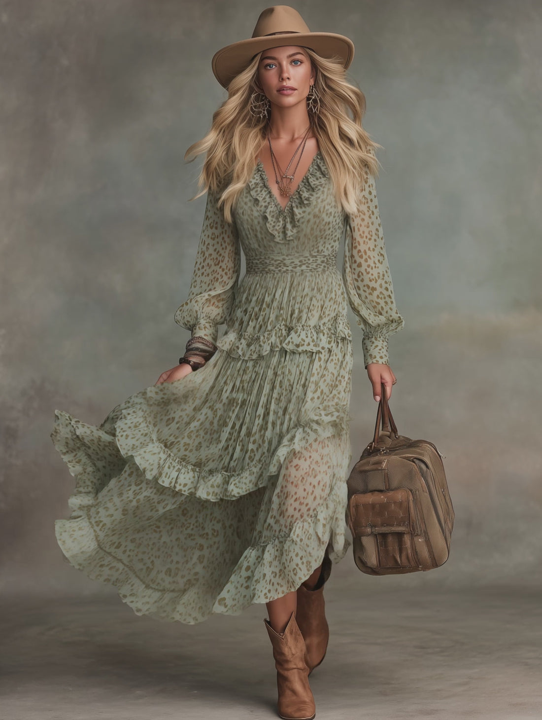 Vintage And Elegant V-neck Ruffled Leopard Print Chiffon Midi Dress