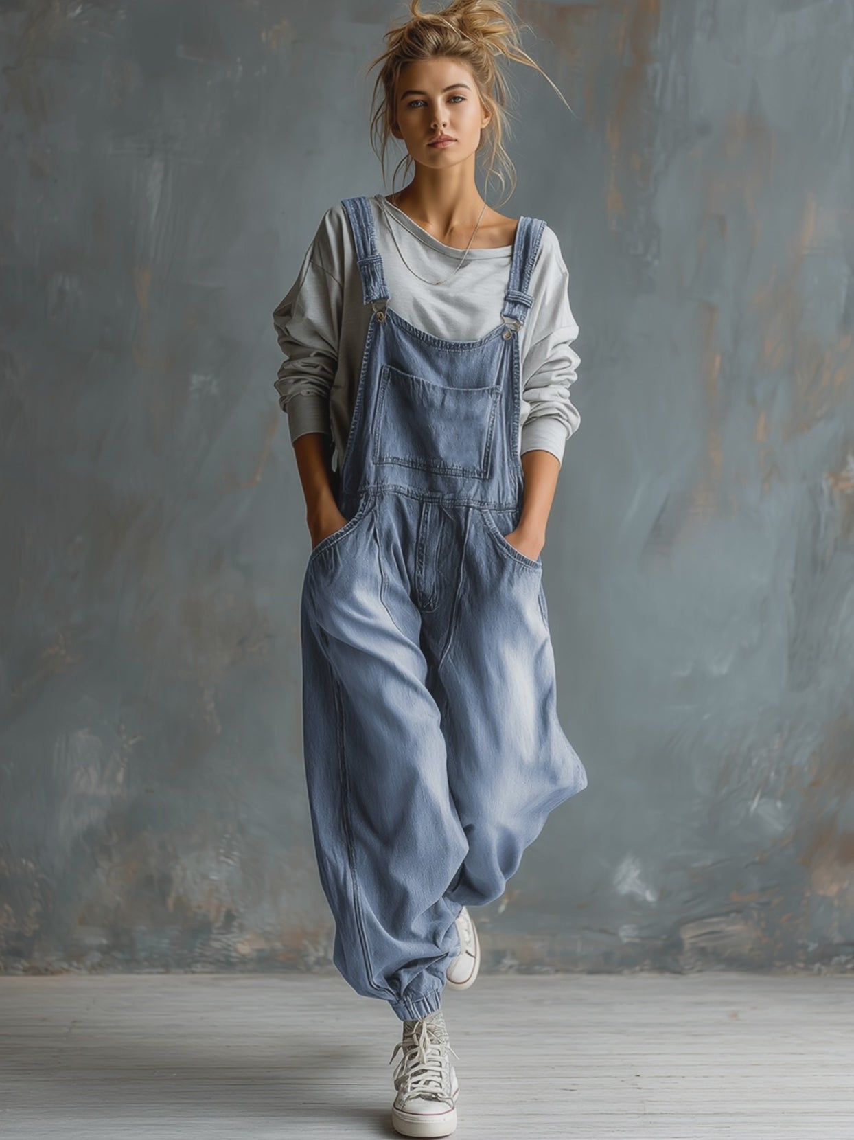 Casual Retro Washed Denim Blue Pocket Overalls