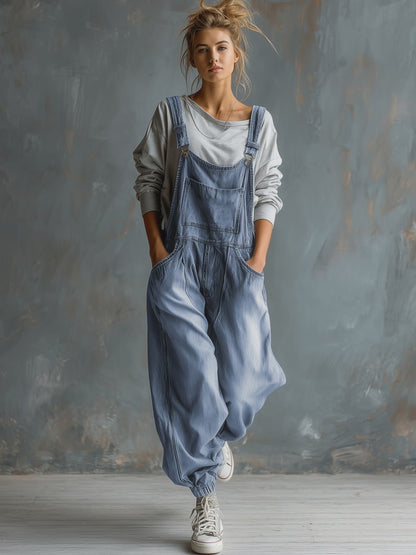 Casual Retro Washed Denim Blue Pocket Overalls