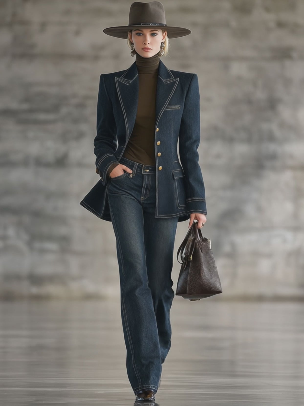 Fashion Retro Topstitched Navy Blue Denim Jacket