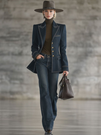 Fashion Retro Topstitched Navy Blue Denim Jacket