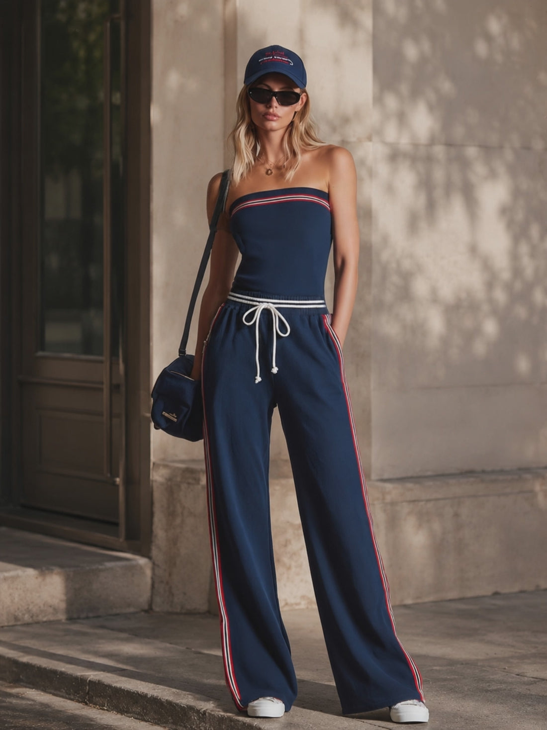 Retro-Sporty Striped-Trim Navy Cotton Off-Shoulder Jumpsuit