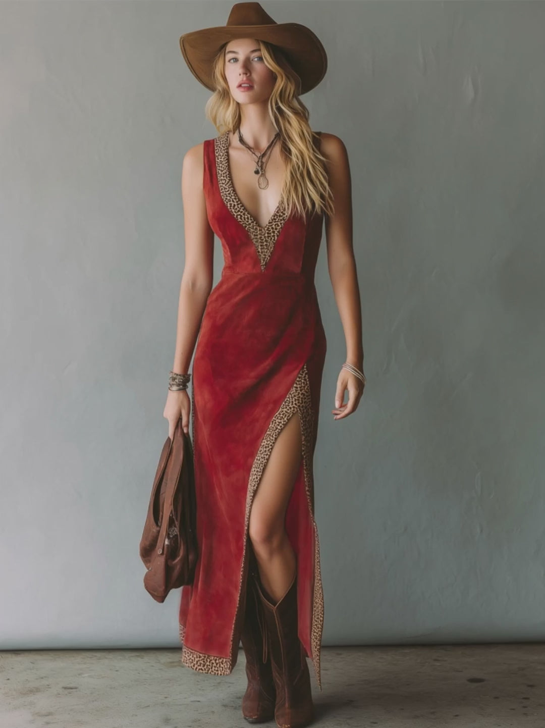 Leopard Print V-neck Faux Suede Sleeveless Maxi Dress