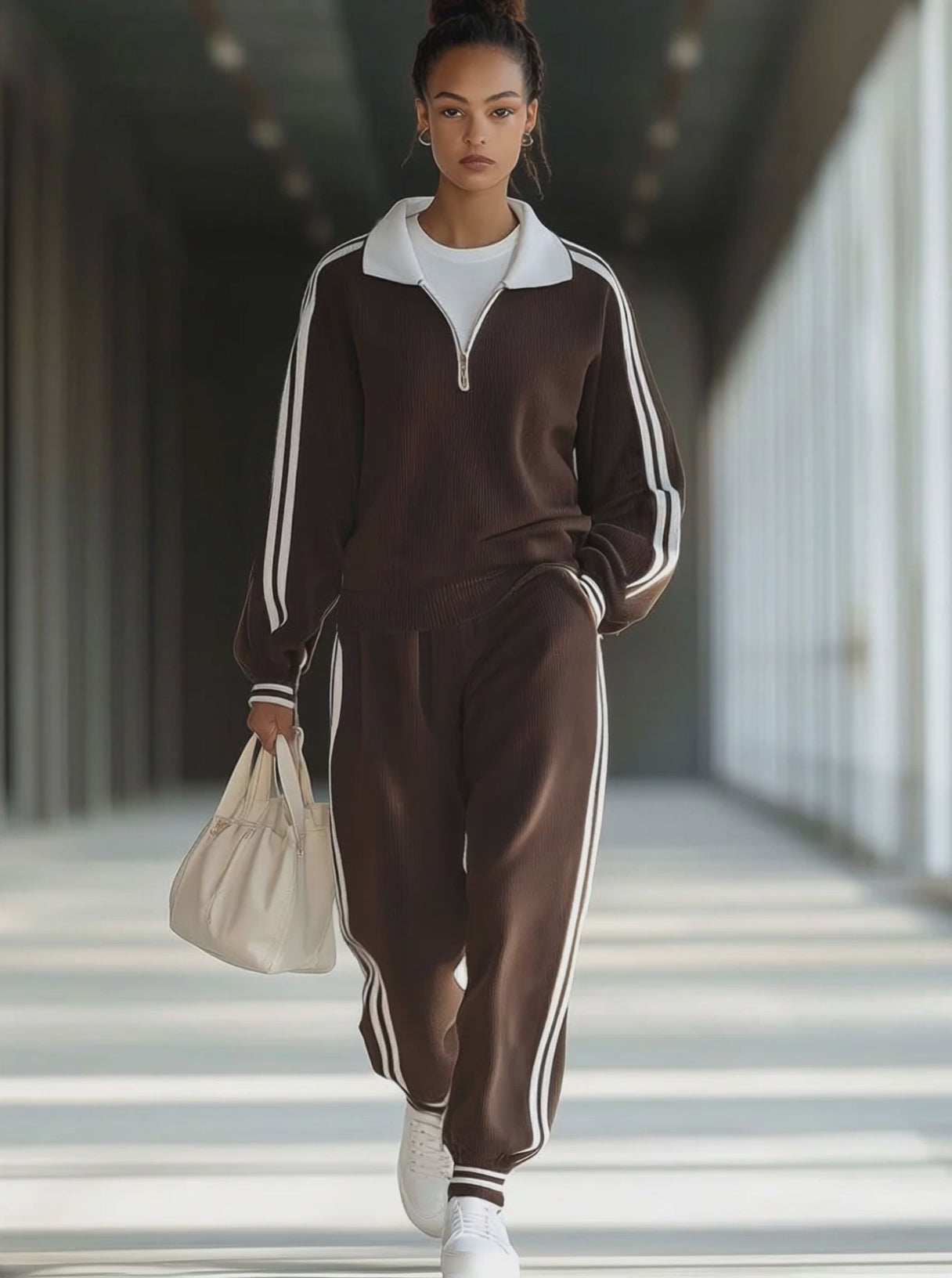 【24-hour shipping out】Casual Loose Retro Striped Polo Collar Zipper Sports Sweatshirt Set