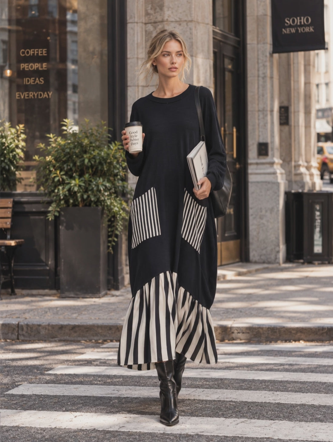 Casual Minimalist Black Cotton Patchwork-style Striped Oversized Maxi Dress