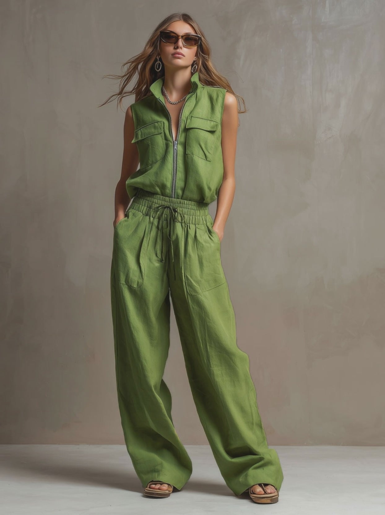 Casual Retro Green Cotton Linen Sleeveless Zip-up Shirt And Wide-leg Pants Set