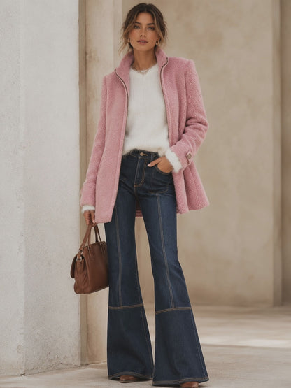 Casual Vintage Pink Polar Fleece Zip-Up Jacket Coat