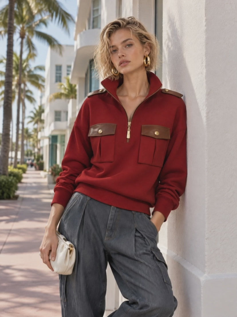 Retro-casual Military-style Pullover Sweatshirt With Stand Collar And PU Leather Paneling