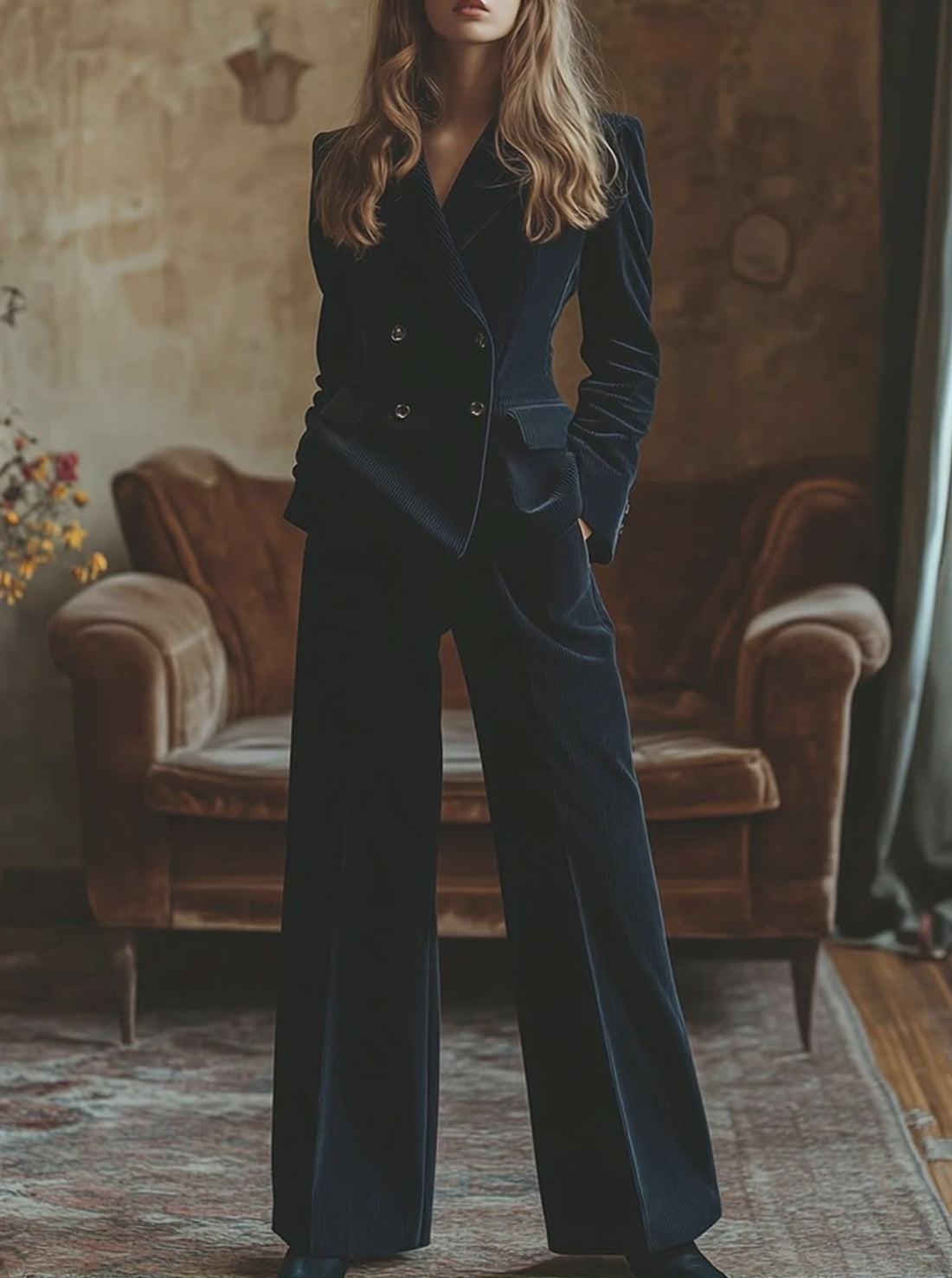 【24-hour shipping out】Retro Fashion Navy Lapel Corduroy Double-breasted Blazer and Wide-leg Pants Two-piece Set