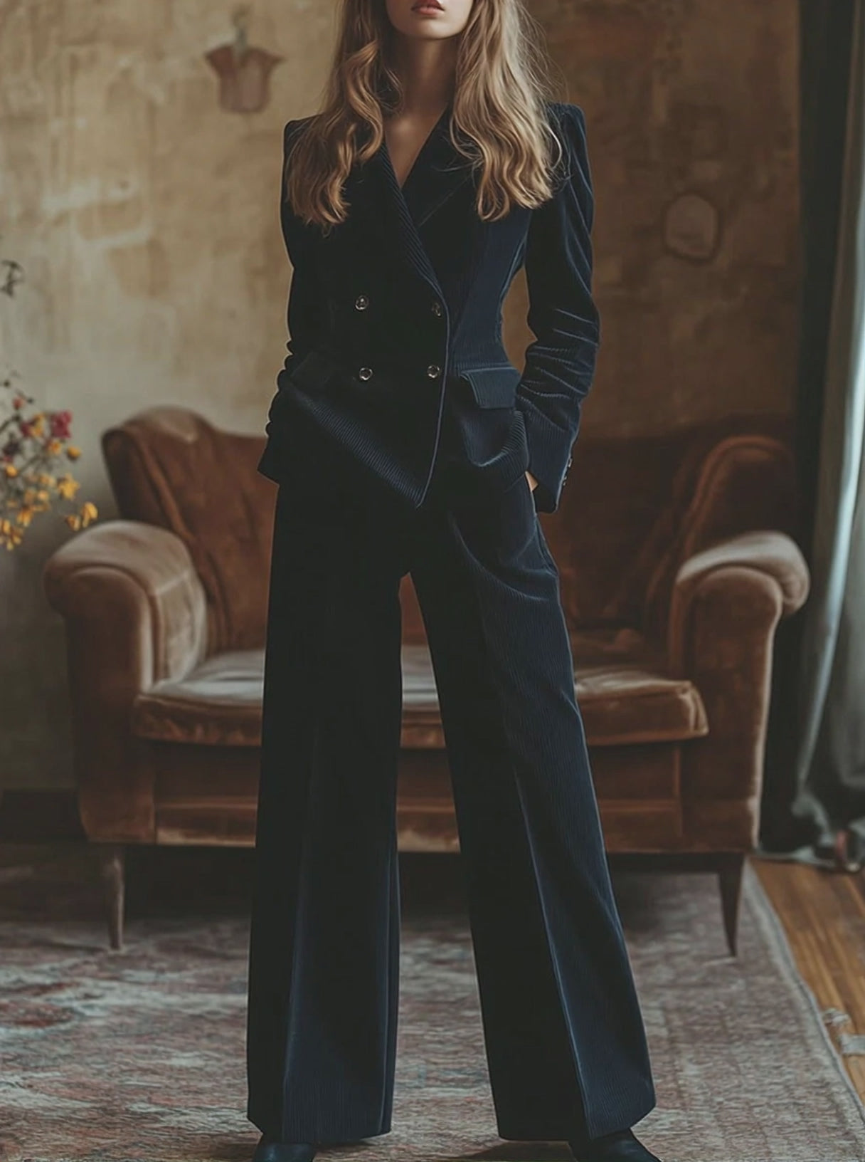 【24-hour shipping out】Retro Fashion Navy Lapel Corduroy Double-breasted Blazer and Wide-leg Pants Two-piece Set