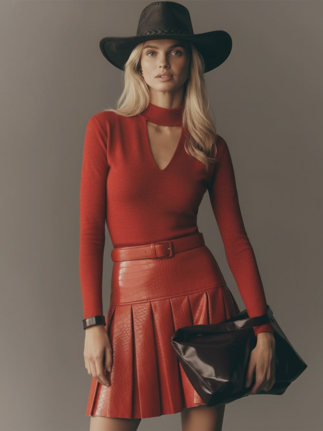 Trendy Openwork Neckline Pleated Faux Leather Skirt Red Mini Dress