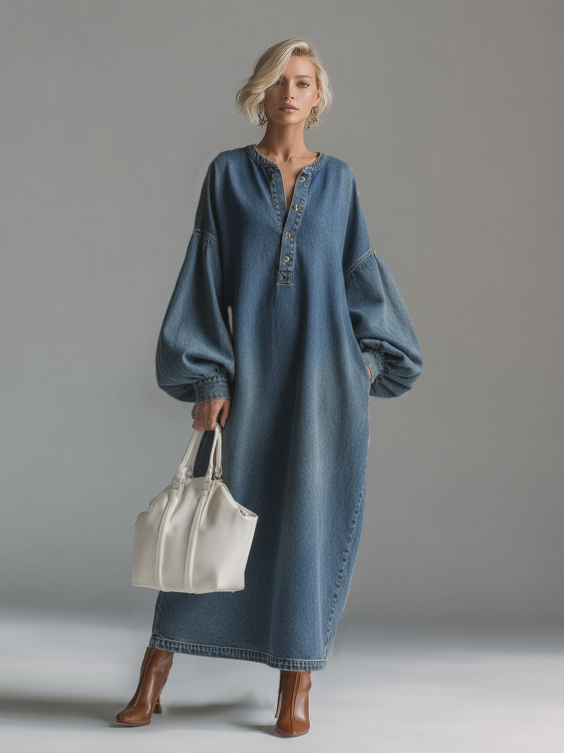 Elegant Urban-style Blue Denim Button-down Maxi Dress