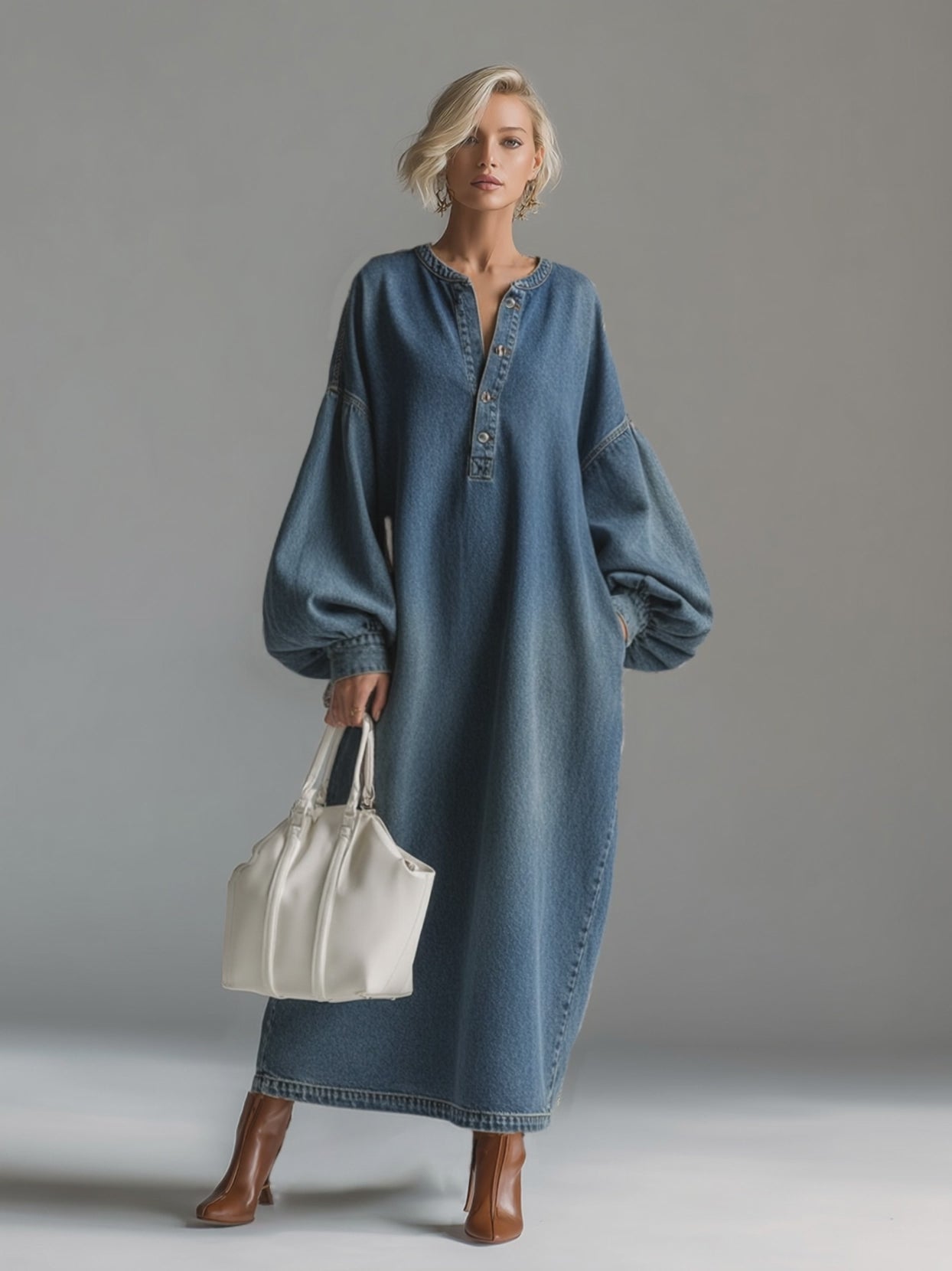 Elegant Urban-style Blue Denim Button-down Maxi Dress