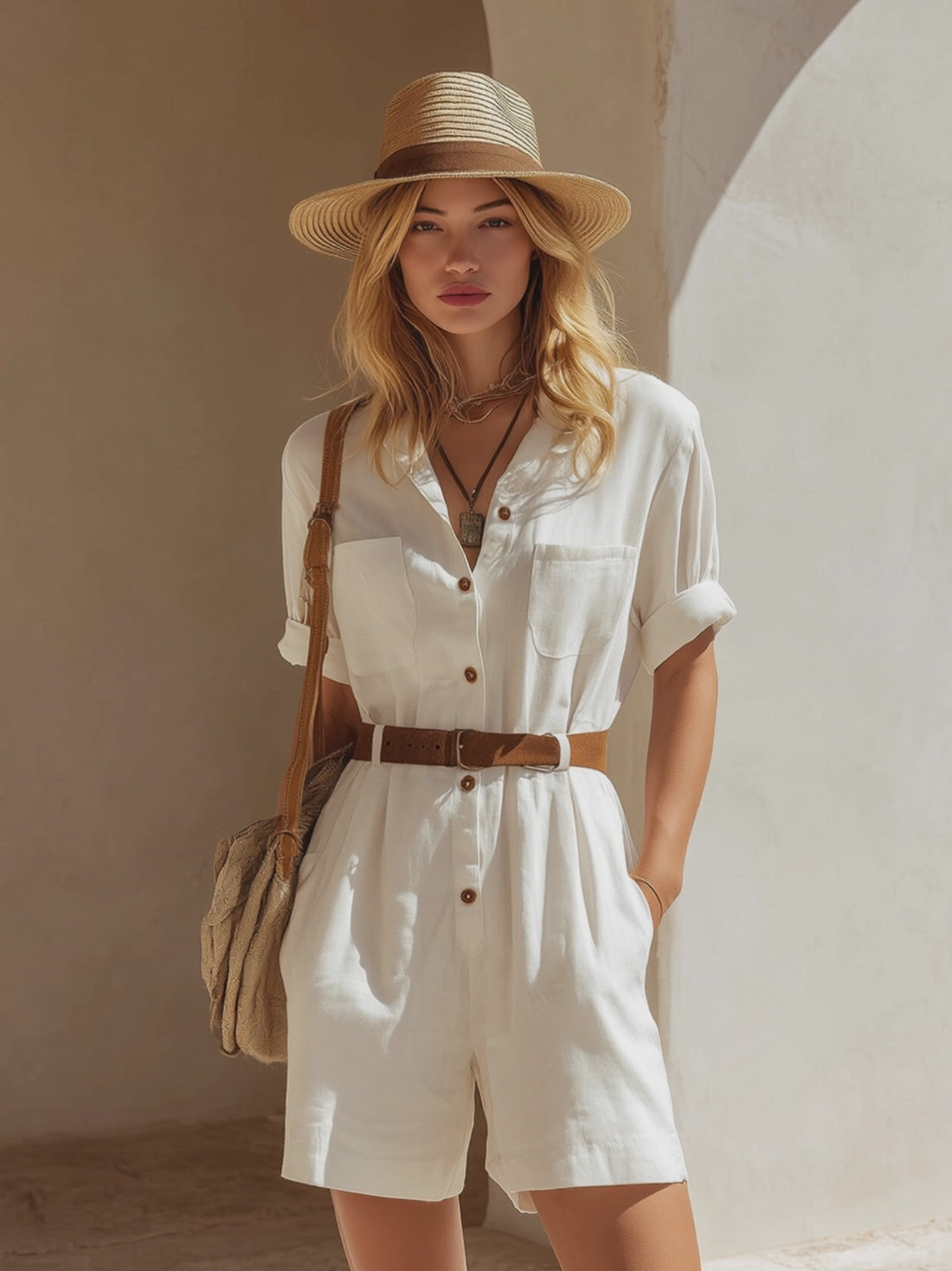 Elegant "Old Money" Style White Cotton-Linen Short-Sleeve Jumpsuit