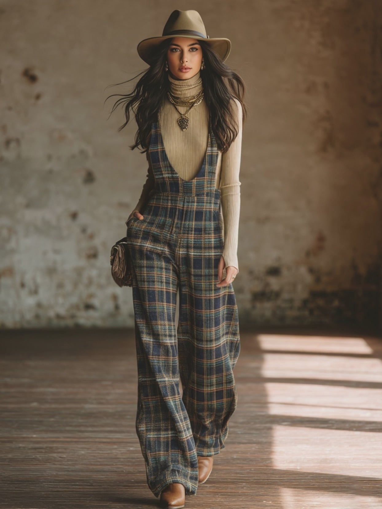 Classic Retro Blue Plaid Side-button Wide-leg Overalls