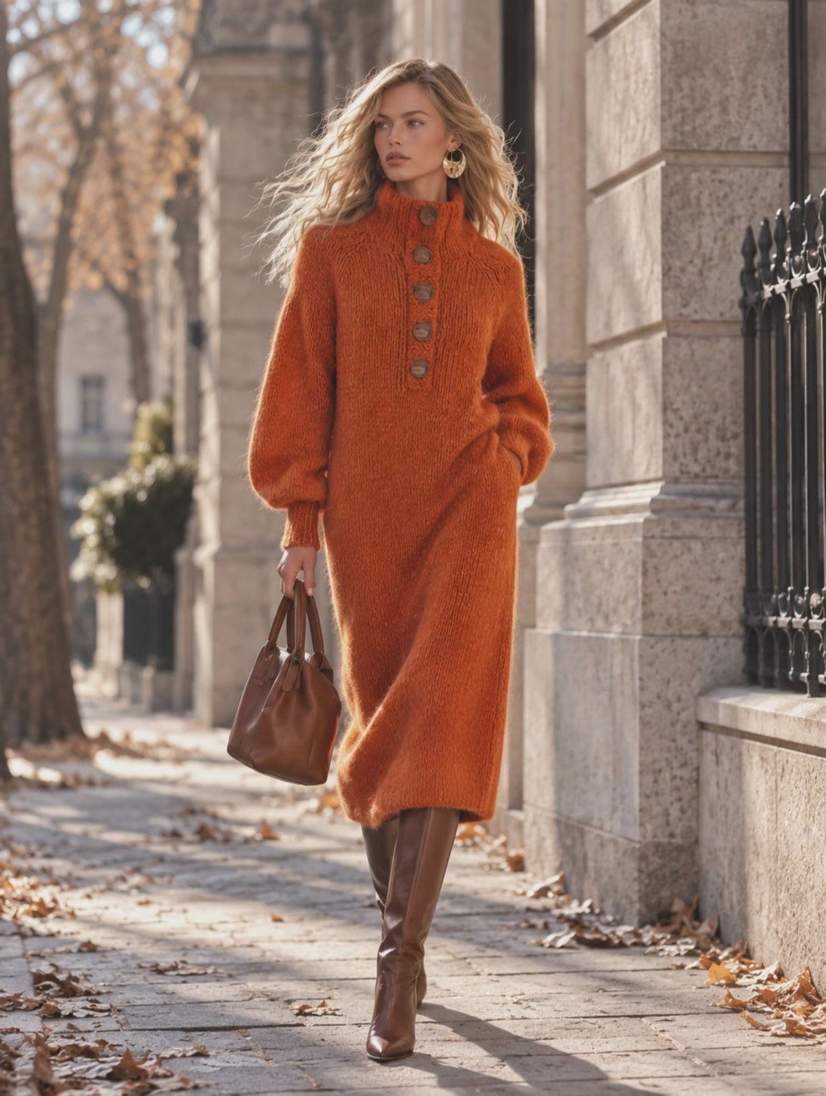 Retro-chic Orange Mock-neck Half-button Mohair Knit Midi Dress