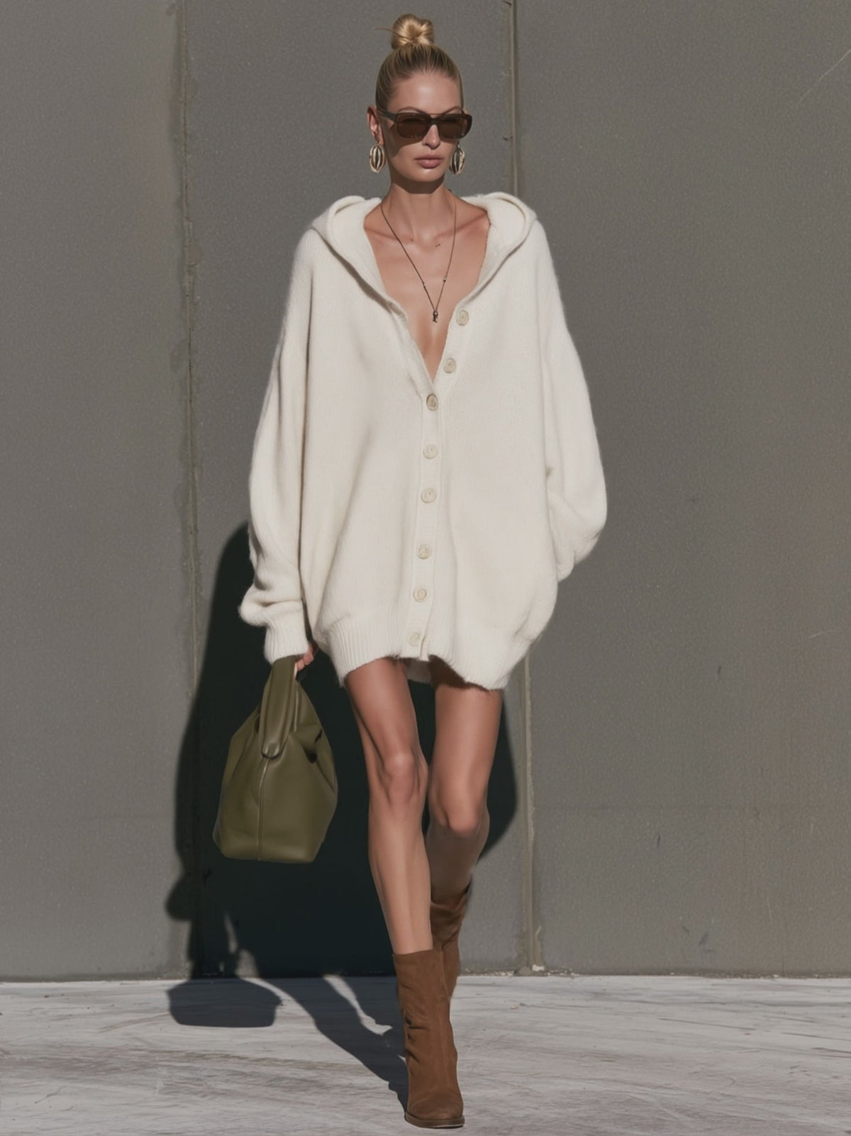 Stylish Loose-fitting White Knitted Hooded Cardigan Mini Dress
