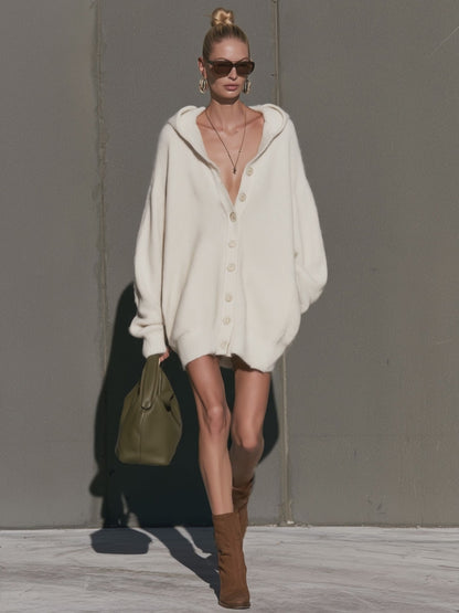 Stylish Loose-fitting White Knitted Hooded Cardigan Mini Dress