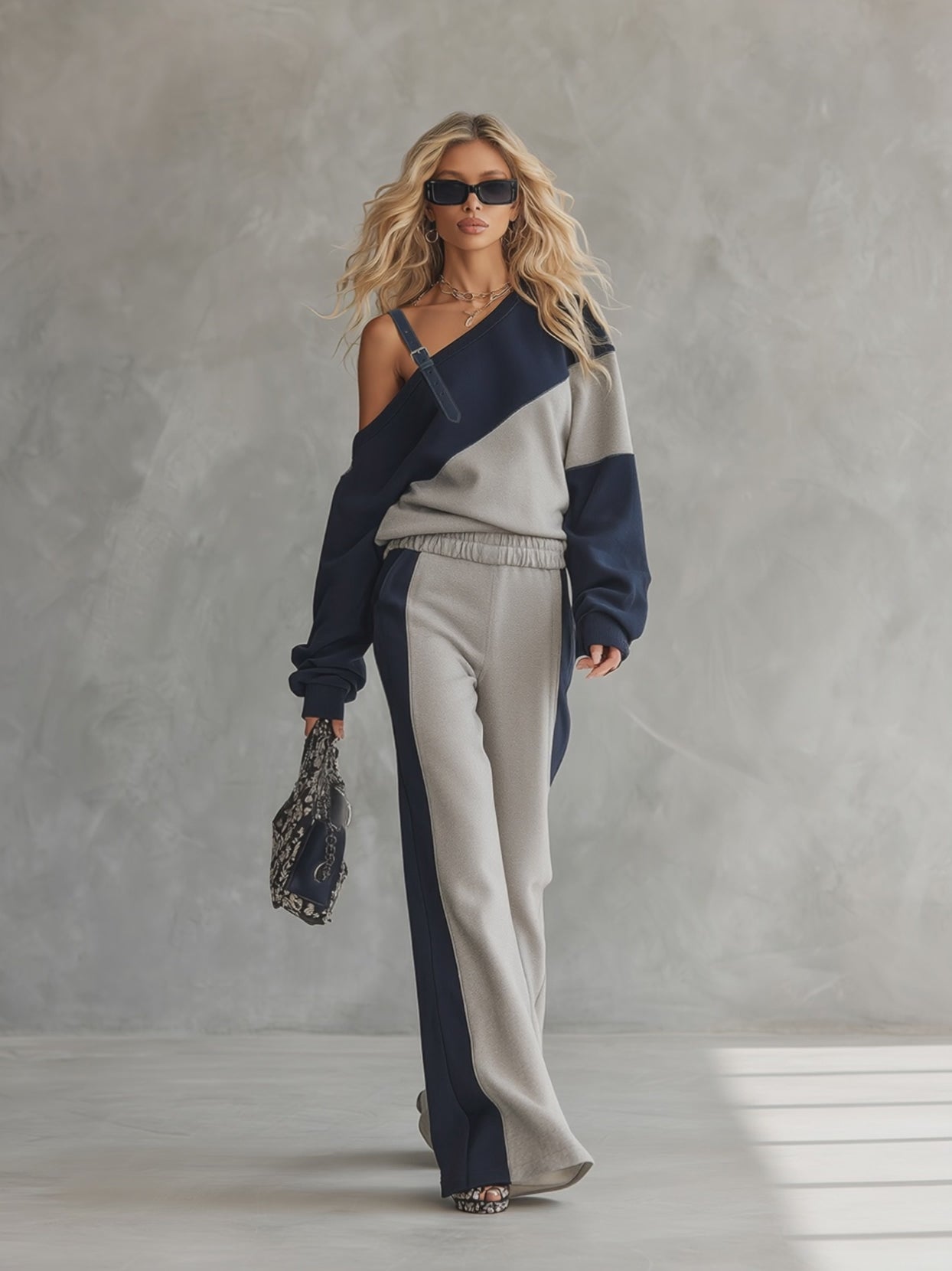 Casual Sportswear Patchwork One-shoulder Sweatshirt And Sweatpants Set
