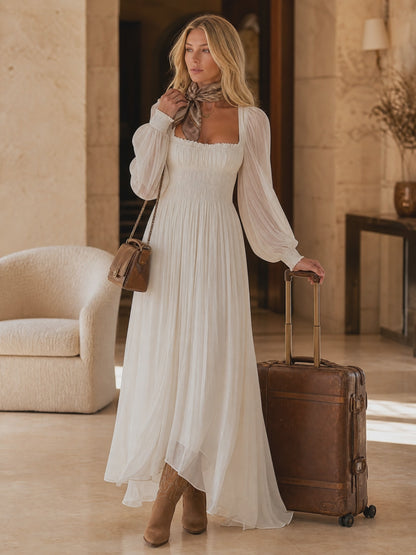 Boho Western Ivory Smocked Pleated Chiffon Maxi Dress