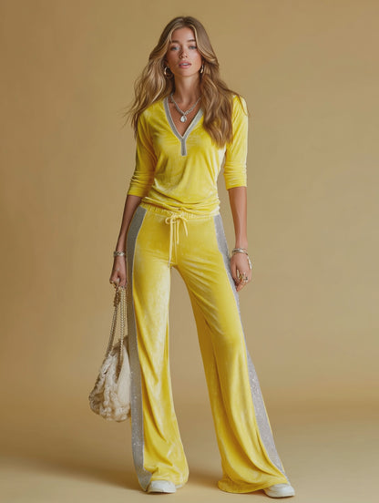 Vintage And Elegant Silver-trimmed Velvet T-shirt And Trousers Set.