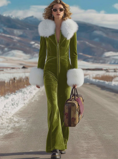 Fashion Retro Rose Red Velvet Faux Fur Collar Long Sleeve Flared Jumpsuit