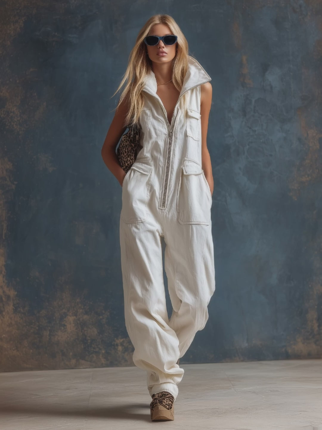 Stylish Silhouette White Denim Sleeveless Jumpsuit