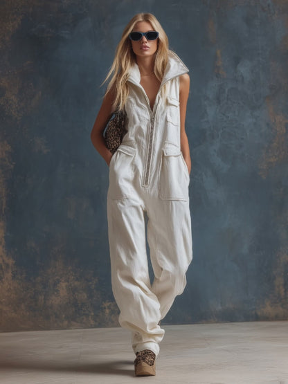 Stylish Silhouette White Denim Sleeveless Jumpsuit