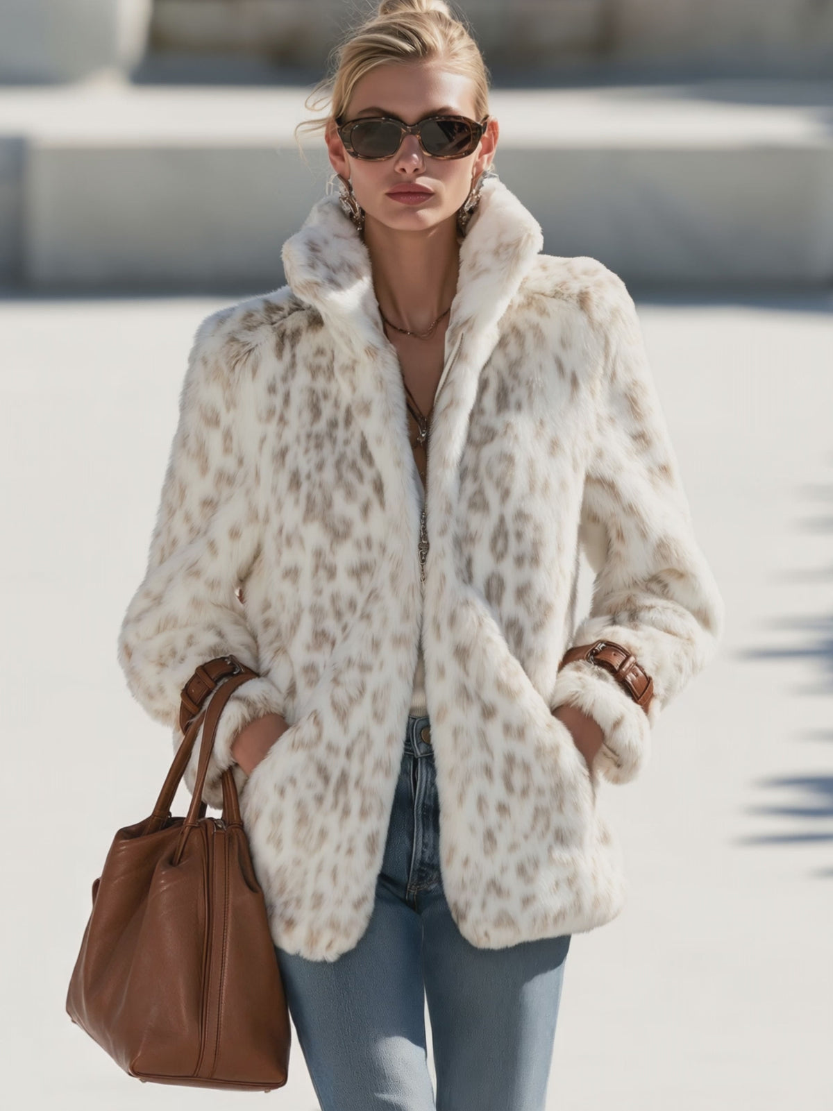 Fashionable Retro Leopard Print Off-white Faux Fur Short Coat With Zippered Sleeves
