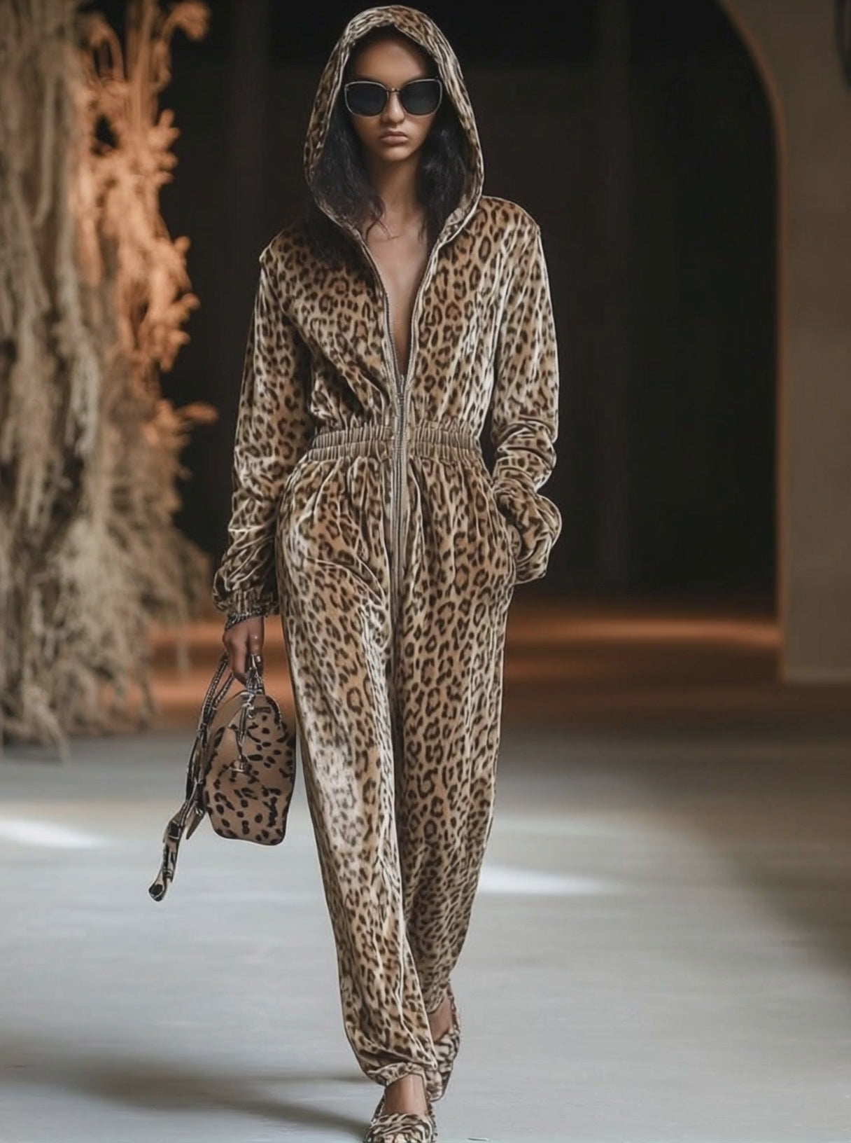 【24-hour shipping out】Casual Loose Vintage Velvet Leopard Print Zipper Hooded Jumpsuit