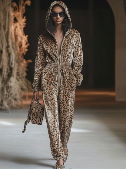 【24-hour shipping out】Casual Loose Vintage Velvet Leopard Print Zipper Hooded Jumpsuit