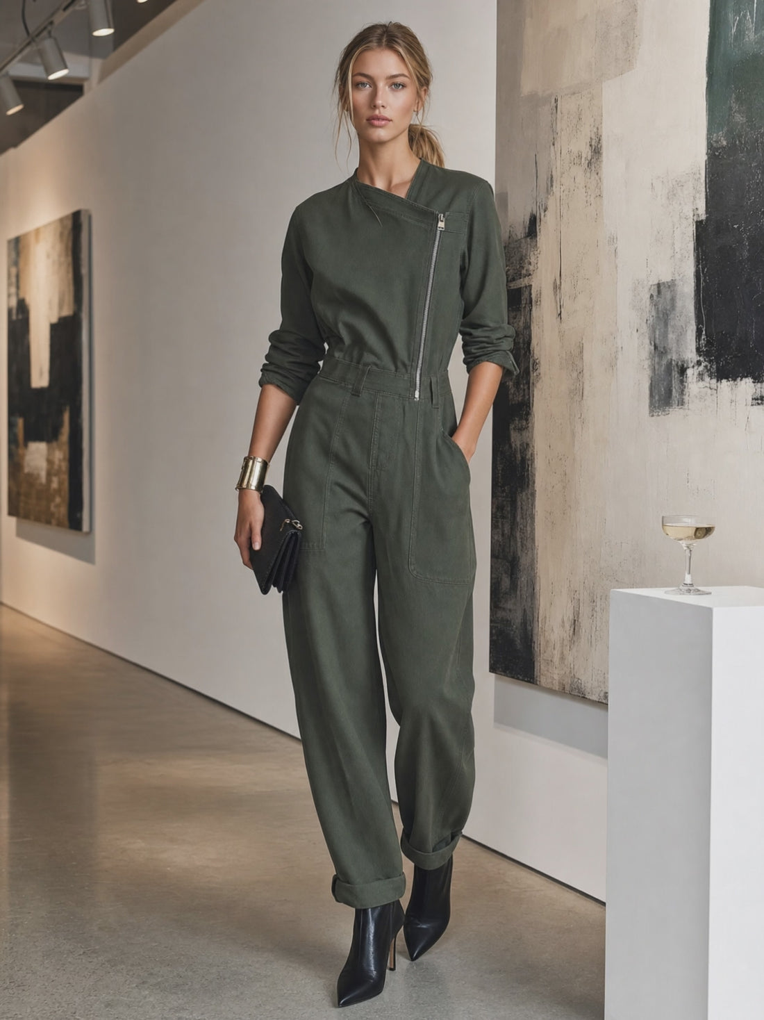 American Asymmetric Zip-front Cinched-waist Denim Jumpsuit