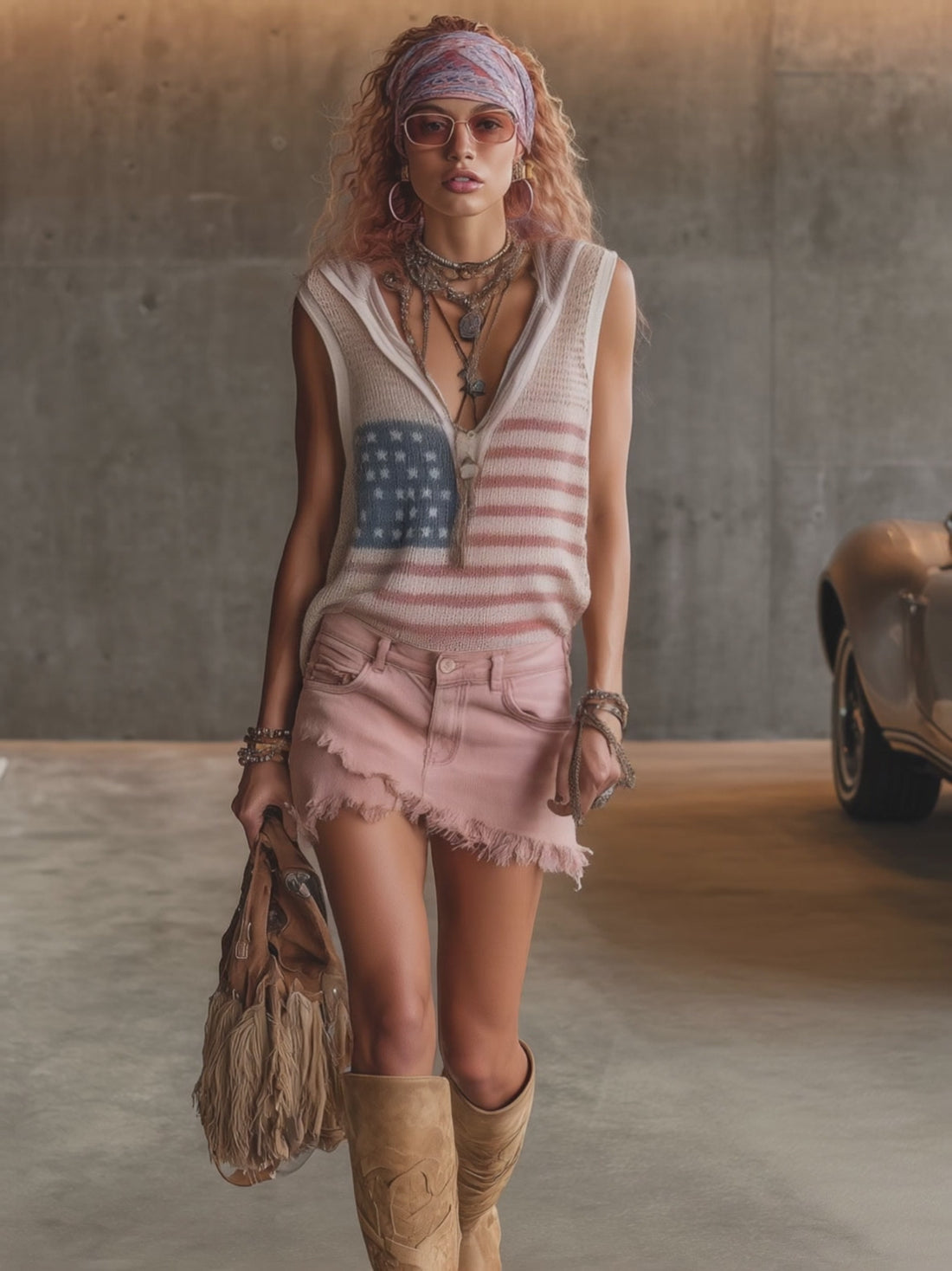 Western Retro Pink Denim Frayed Hem Skirt And Shorts