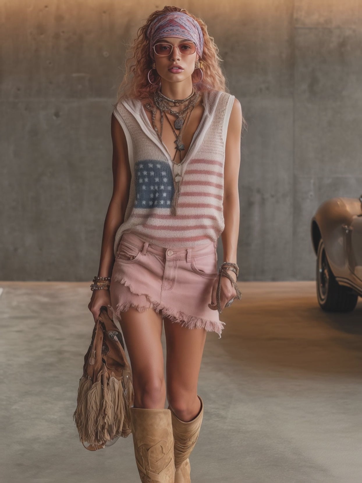 Fashionable Retro American Flag Pattern Pink Knit Mesh Sleeveless Hooded Top